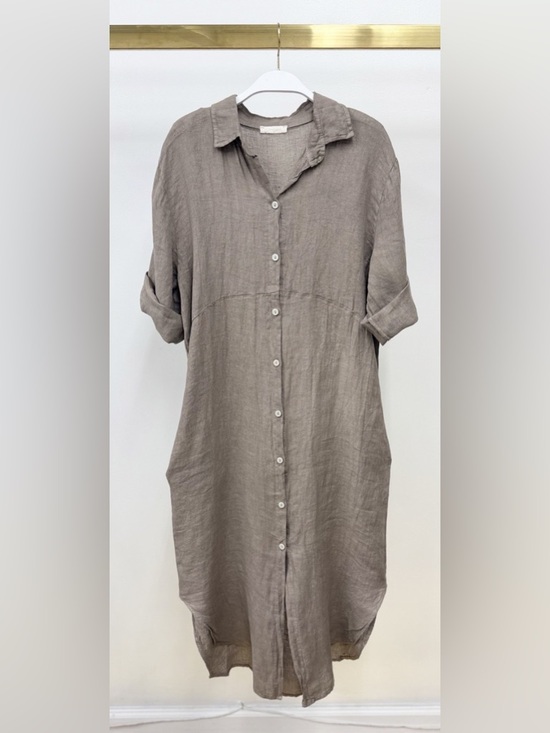 Milio Milano Dresses & Skirts - (60601-SOL-MOCH) SOLID MIDI-LENGTH BUTTON DOWN LINEN DRESS